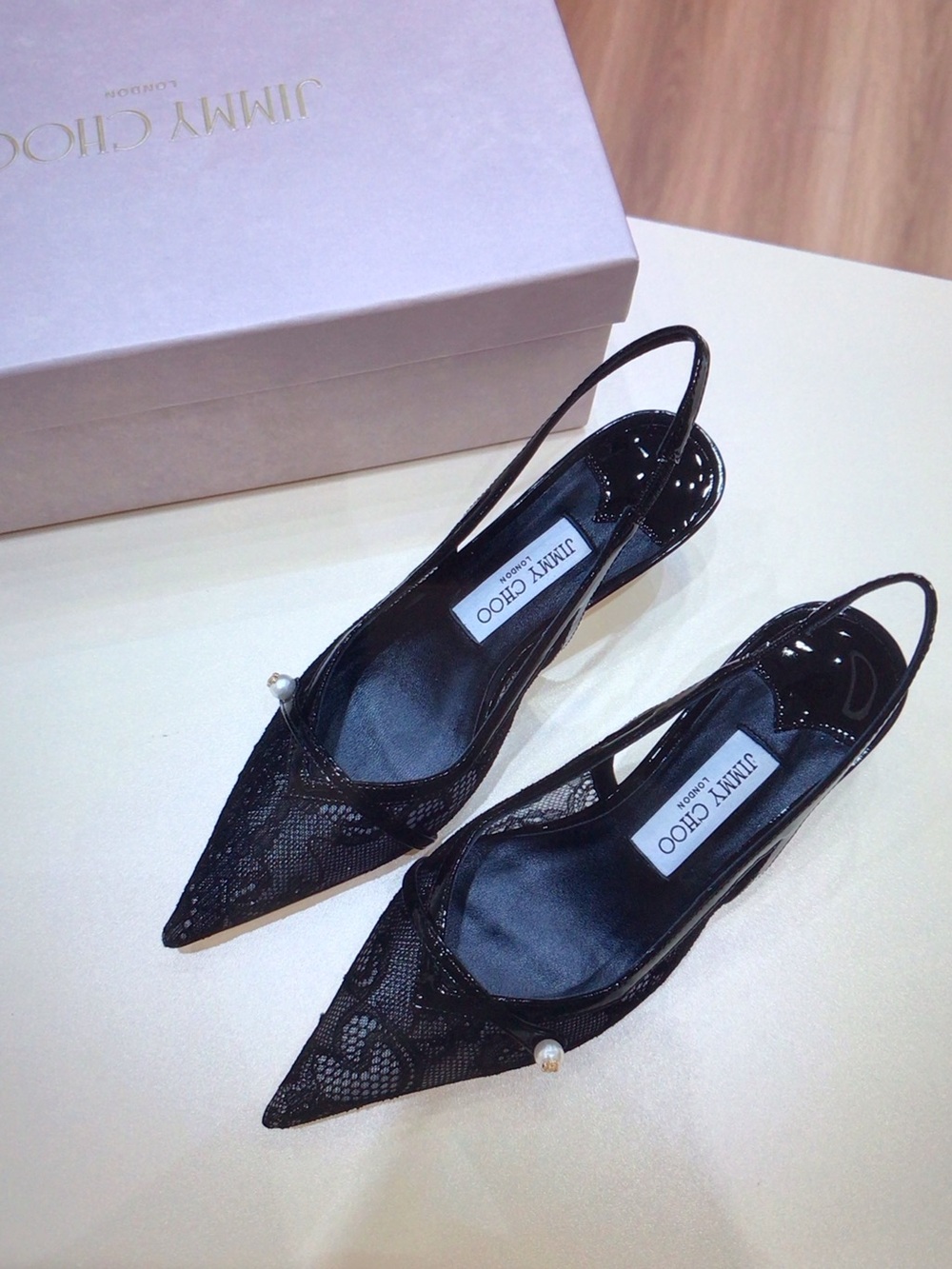 Jimmy Choo Black Lace Pointed Slingback Pumps with Pearl Accent